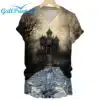 Womens Halloween Haunted House Print V Neck T Shirt 1