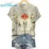 Womens Halloween Horror Pumpkins Print V Neck T Shirt 1