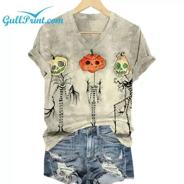 Womens Halloween Horror Pumpkins Print V Neck T Shirt 1