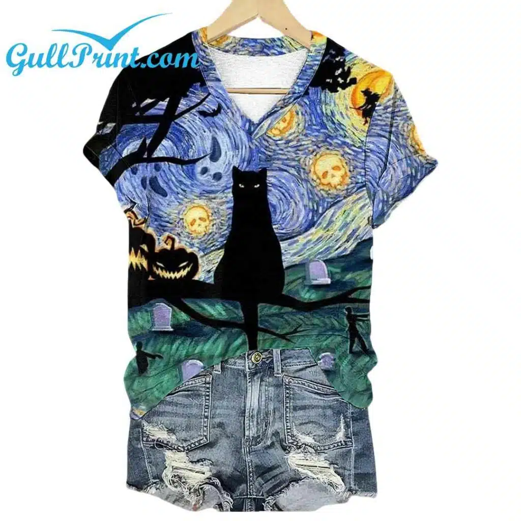 Womens Halloween Oil Painting Cat Print V Neck T Shirt 1