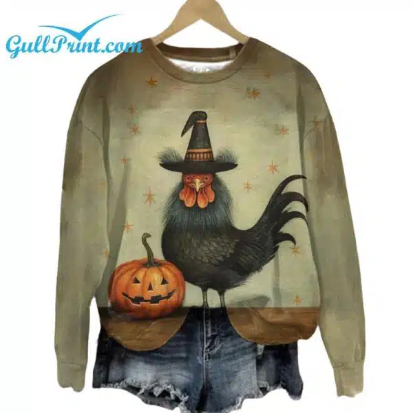 Womens Halloween Pumpkin Rooster Print Round Neck Sweatshirt 1