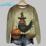 Women's Halloween Pumpkin Rooster Print Round Neck Sweatshirt