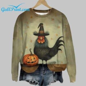 Womens Halloween Pumpkin Rooster Print Round Neck Sweatshirt 2