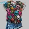 Womens Halloween Skull V Neck Short Sleeve T Shirt 1