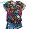 Womens Halloween Skull V Neck Short Sleeve T Shirt 2