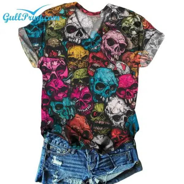 Womens Halloween Skull V Neck Short Sleeve T Shirt 2