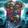 Womens Halloween Skull V Neck Short Sleeve T Shirt 3