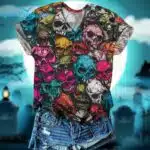 Women's Halloween Skull V-Neck Short Sleeve T-Shirt