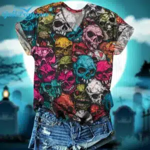 Womens Halloween Skull V Neck Short Sleeve T Shirt 3