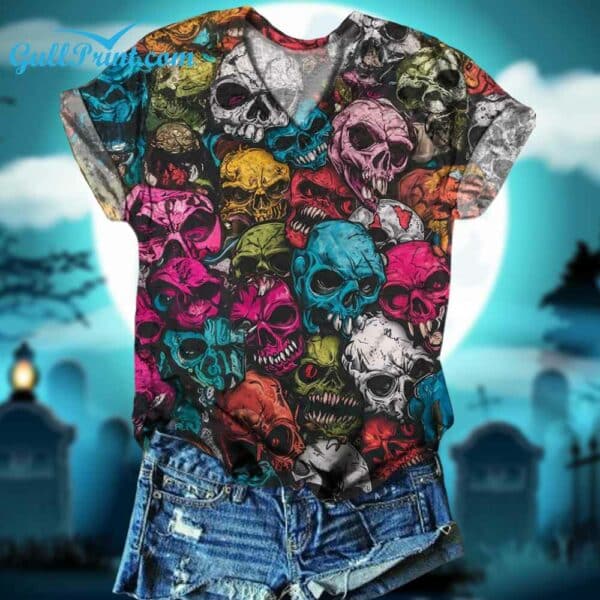 Womens Halloween Skull V Neck Short Sleeve T Shirt 3