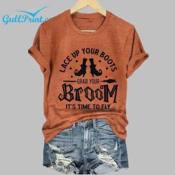 Women's Halloween Witch Lace Up Your Boots Print Crew Neck T Shirt