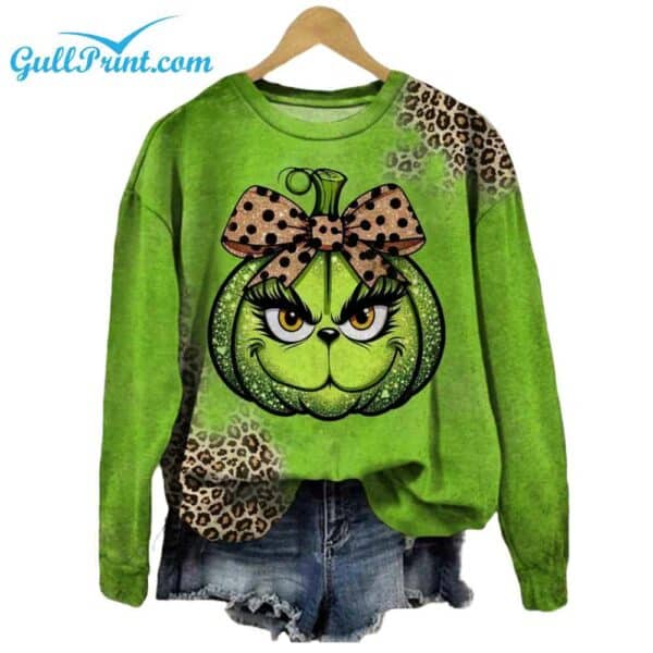 Womens Leopard Pumpkin Print Round Neck Sweatshirt 1