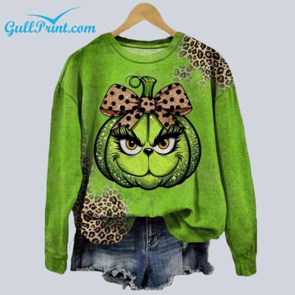 Womens Leopard Pumpkin Print Round Neck Sweatshirt 2