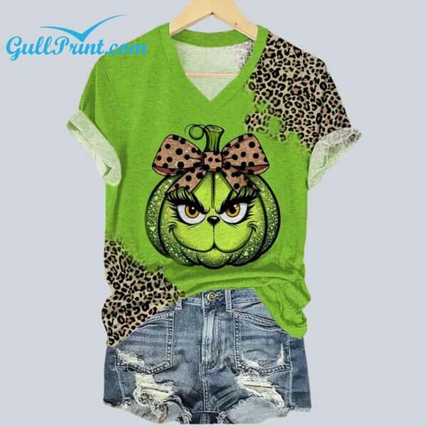 Womens Leopard Pumpkin Print V Neck T shirt 1