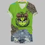 Women's Leopard Pumpkin Print V Neck T-shirt