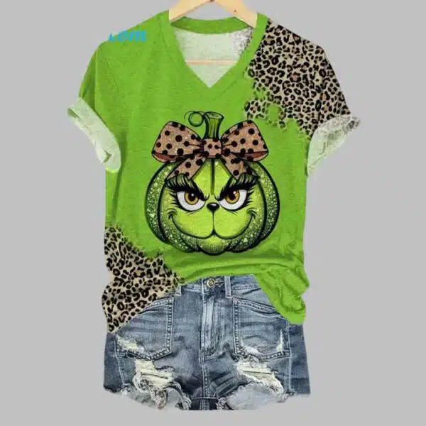 Women’s Leopard Pumpkin Print V Neck T shirt