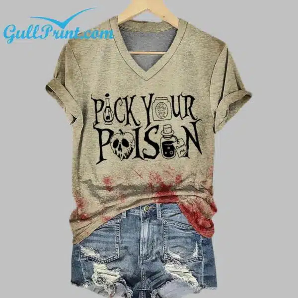 Womens Pick Your Poison Halloween Print V Neck T Shirt 2