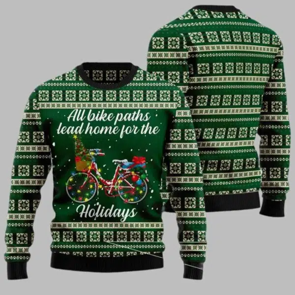 All Bike Paths Lead Home For The Holiday Ugly Christmas Sweater 1