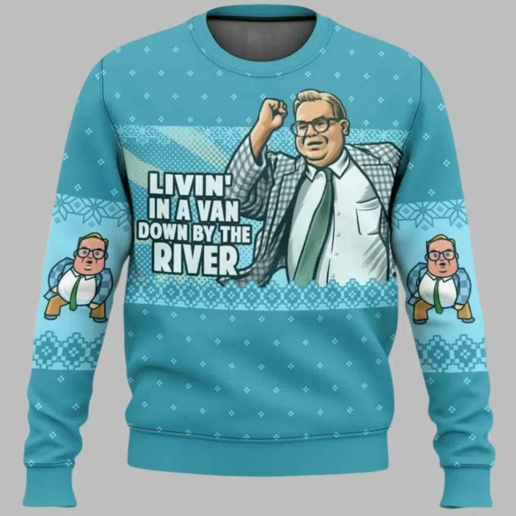 Bubble Bobble Livin In A Van Down By The River Ugly Christmas Sweater 1