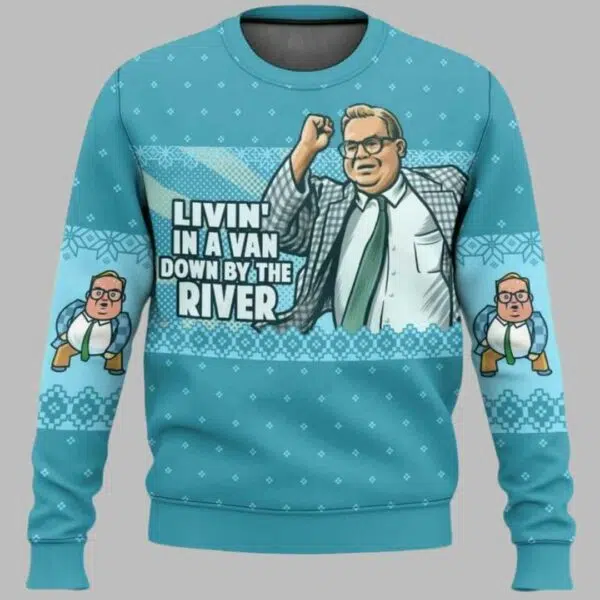 Bubble Bobble Livin In A Van Down By The River Ugly Christmas Sweater 1