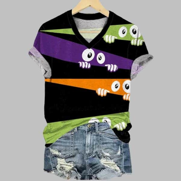 Halloween Peep Monster Print Casual V Neck T Shirt 1