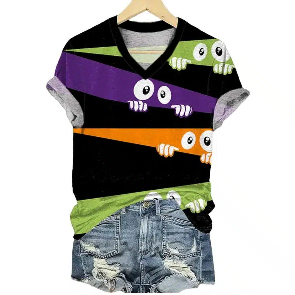 Halloween Peep Monster Print Casual V Neck T Shirt 2