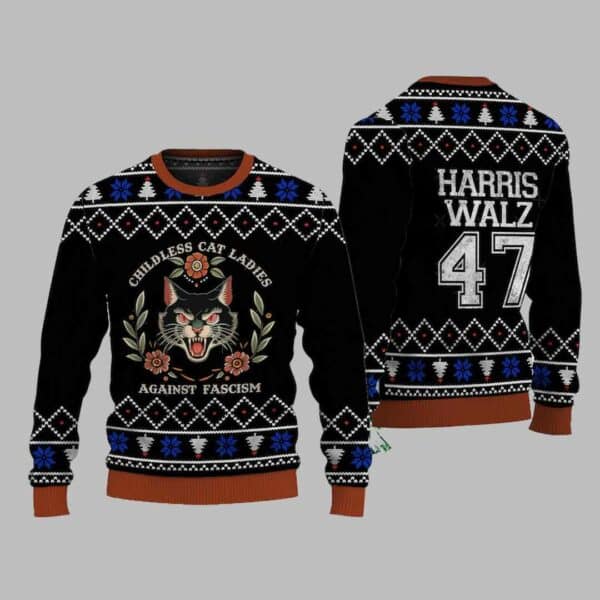 Harris Walz Childless Cat Ladies Against Fascism Ugly Sweater 1