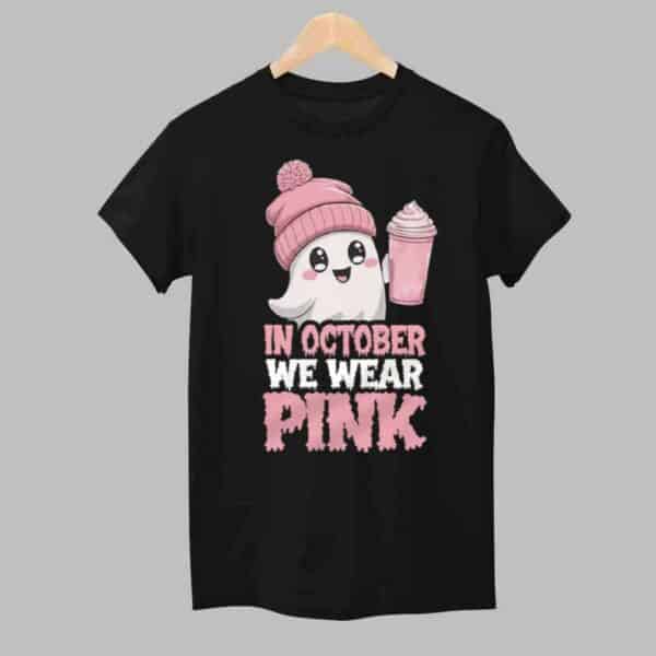 In October We Wear Pink Halloween Ghost Breast Cancer Awareness Warrior Shirt 1