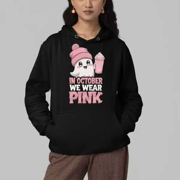 In October We Wear Pink Halloween Ghost Breast Cancer Awareness Warrior Shirt 4