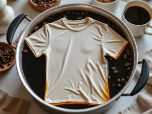 A light-colored T-shirt soaking in strong coffee to achieve a naturally faded, sepia-toned vintage appearance.