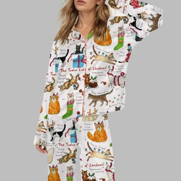 The Twelve Cats Of Christmas Satin Pajama Set 1