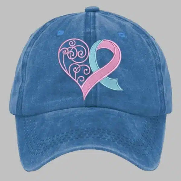 Unisex Distressed Washed Breast Cancer Ribbon Heart Printed Hat 1