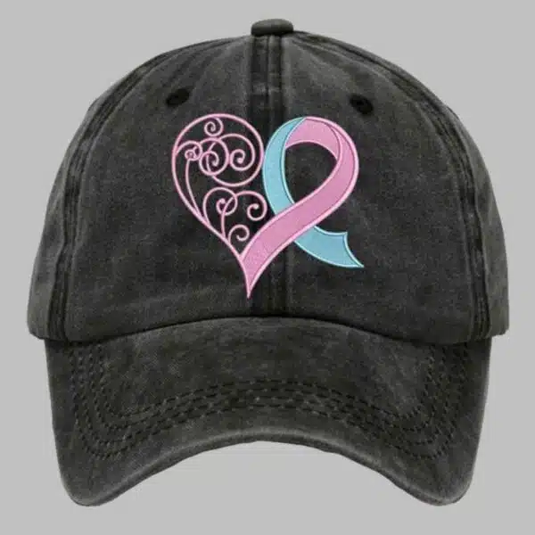 Unisex Distressed Washed Breast Cancer Ribbon Heart Printed Hat 2