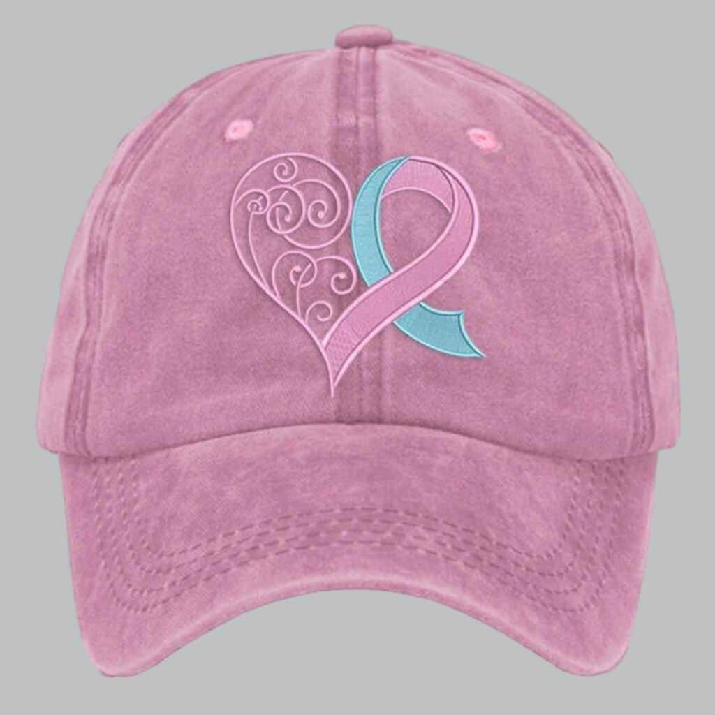 Unisex Distressed Washed Breast Cancer Ribbon Heart Printed Hat 3 Unisex Distressed Washed Breast Cancer Ribbon Heart Printed Hat 3