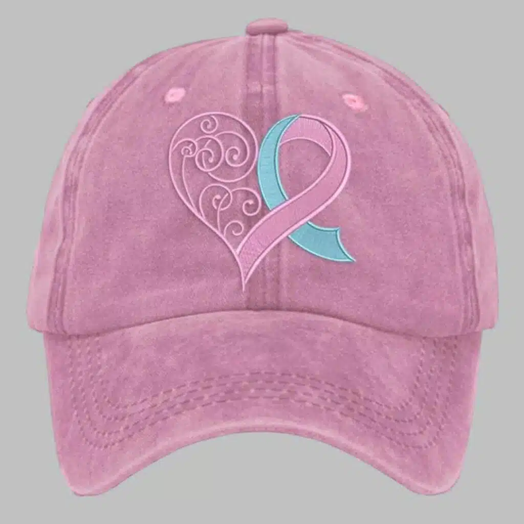 Unisex Distressed Washed Breast Cancer Ribbon Heart Printed Hat 3