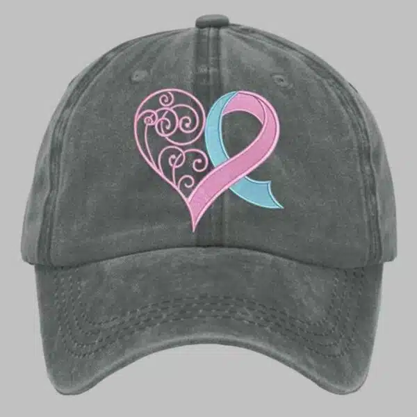 Unisex Distressed Washed Breast Cancer Ribbon Heart Printed Hat 4