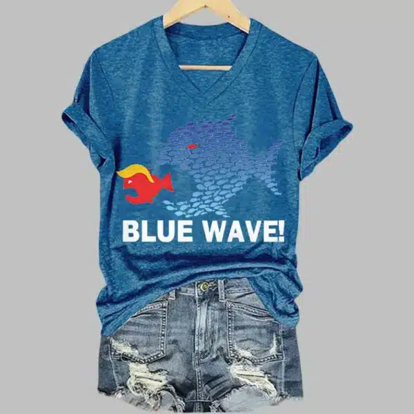 Womens Blue Wave 2024 Casual V Neck Shirt 1