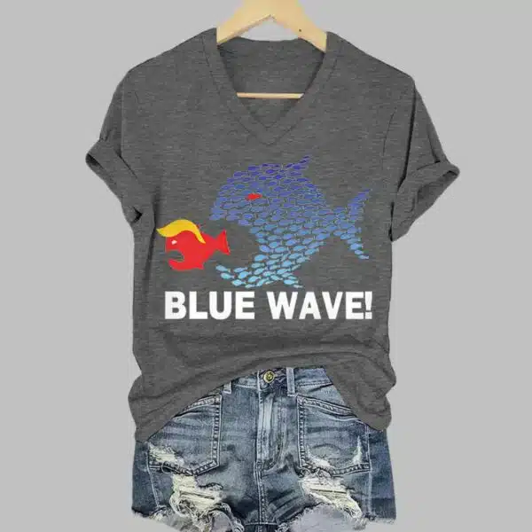 Womens Blue Wave 2024 Casual V Neck Shirt 3