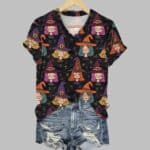 Women's Halloween Cute Little Witch Print V-Neck Tee