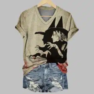 Womens Halloween Witch Print V Neck T Shirt 2