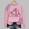 Womens Pink October Halloween Pumpkin Round Neck Sweatshirt 2