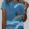 Womens Surfing Cat And Blue Wave Print T Shirt 1