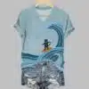 Womens Surfing Cat And Blue Wave Print T Shirt 2