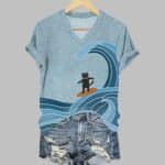 Women's Surfing Cat And Blue Wave Print T-Shirt
