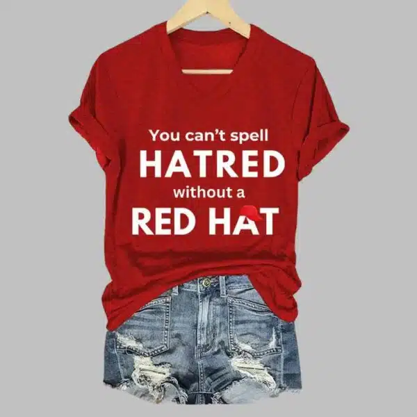 Womens You Cant Spell Hatred Without Red Hat Printed Casual V Neck T Shirt 3