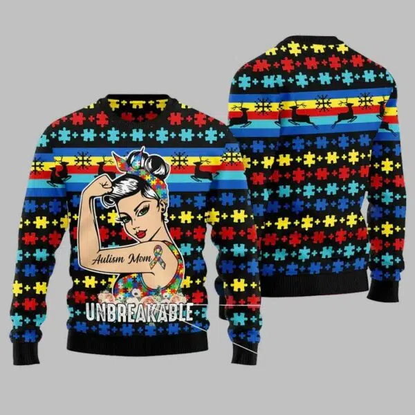 Autism Mom Unbreakable Ugly Christmas Sweater 3