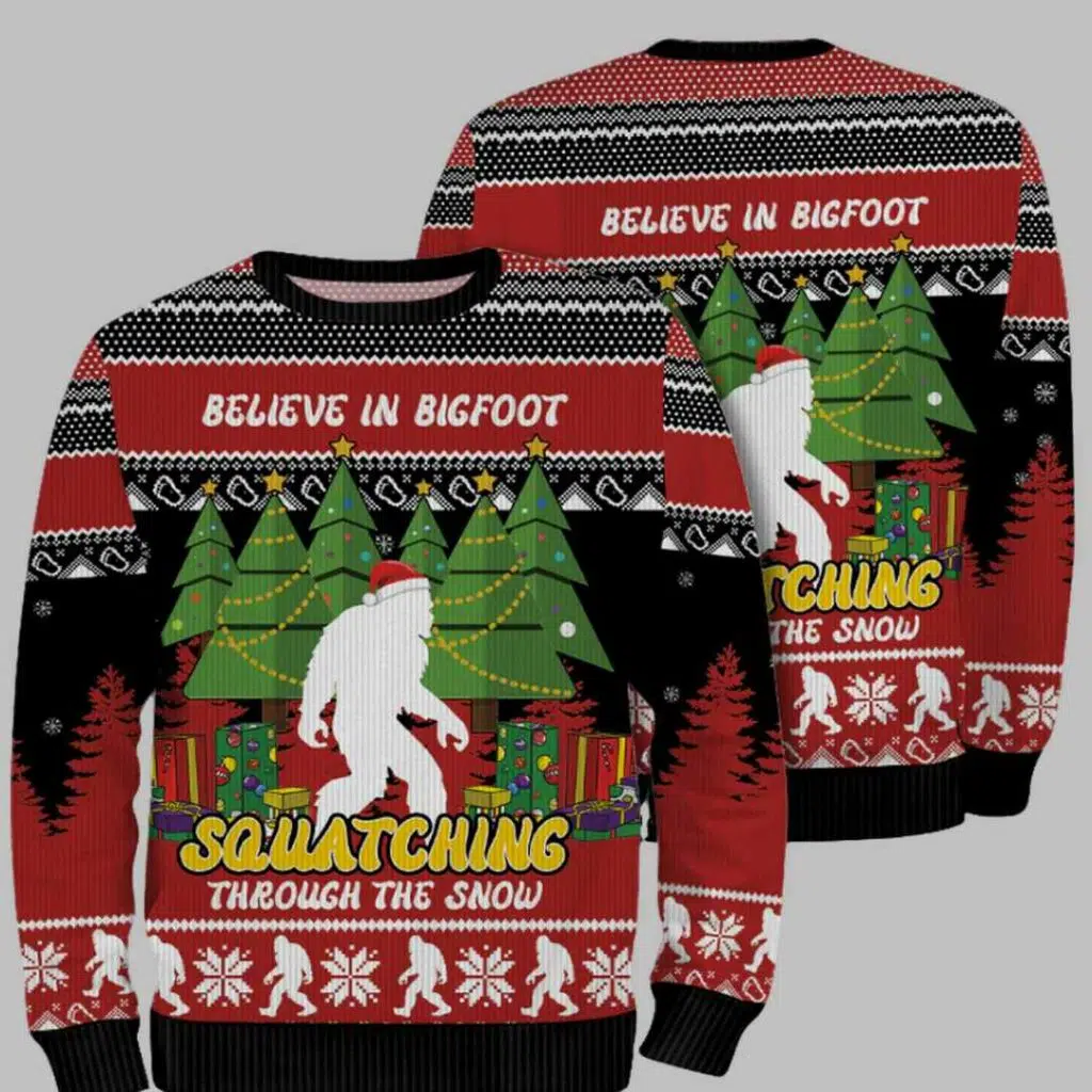 Believe In Bigfoot Squatching Through The Snow Ugly Christmas Sweater 1