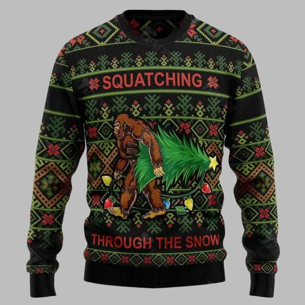 Bigfoot Squatching Through The Snow Ugly Christmas Sweater 1 Bigfoot Squatching Through The Snow Ugly Christmas Sweater 1