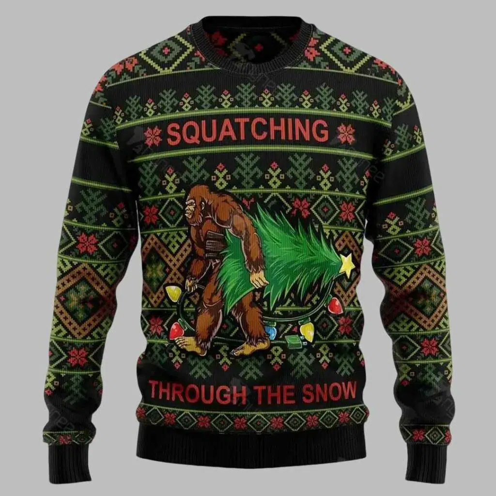 Bigfoot Squatching Through The Snow Ugly Christmas Sweater 1