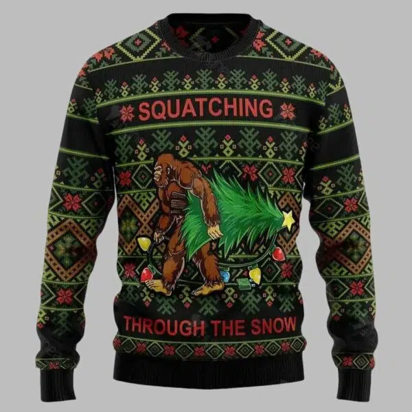 Bigfoot Squatching Through The Snow Ugly Christmas Sweater 2